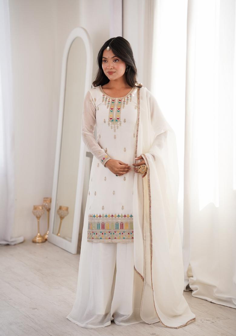 White Sequin Work Silk Blend Kurta Set - Indya