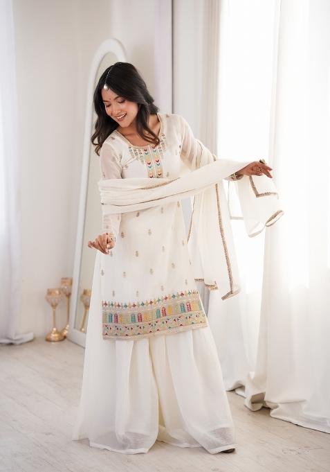 White Sequin Work Silk Blend Kurta Set