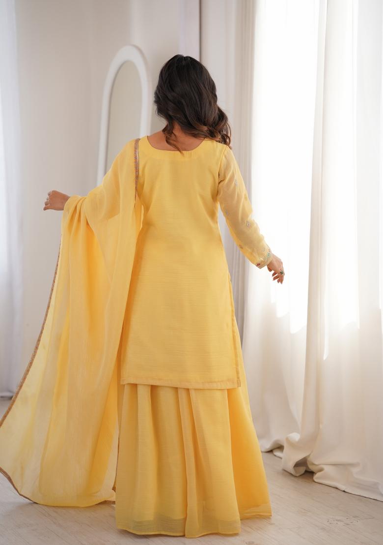 Yellow Sequin Work Silk Blend Kurta Set - Indya