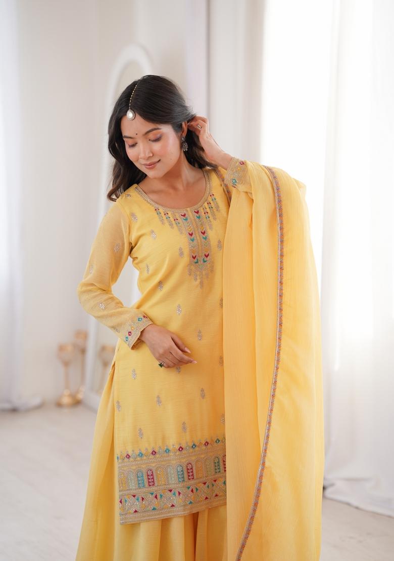 Yellow Sequin Work Silk Blend Kurta Set - Indya
