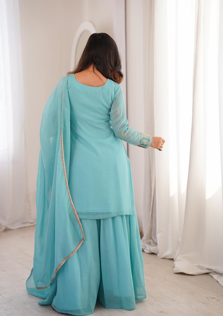 Sky Blue Sequin Work Silk Blend Kurta Set - Indya