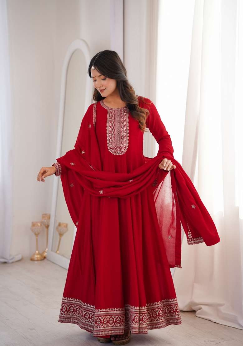Red Sequin Work Silk Blend Kurta Set - Indya