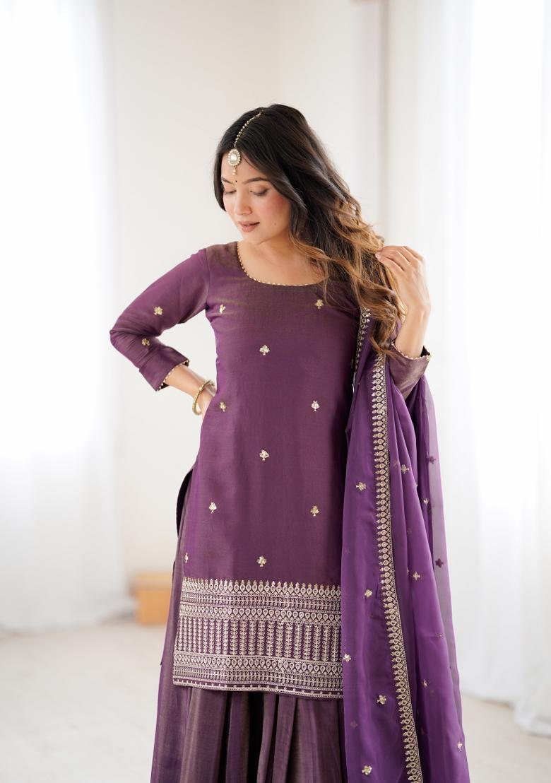 Wine Sequin Work Silk Blend Kurta Set - Indya