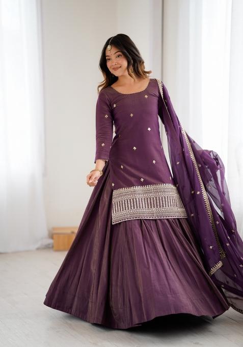 Wine Sequin Work Silk Blend Kurta Set