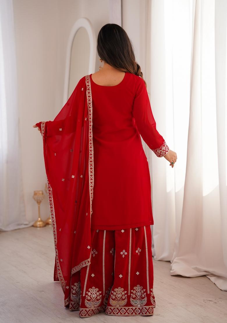 Red Sequin Work Georgette Kurta Set - Indya