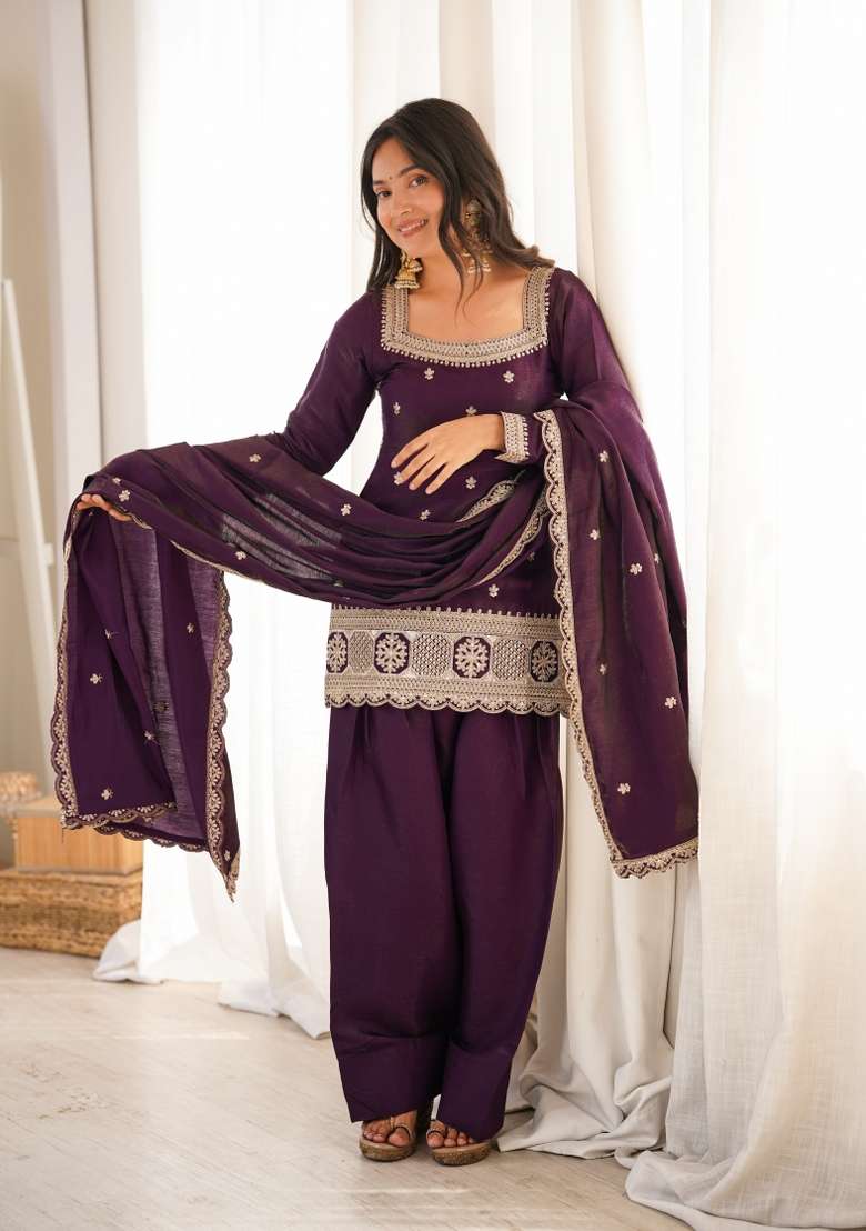 Wine Sequin Work Silk Blend Kurta Set - Indya