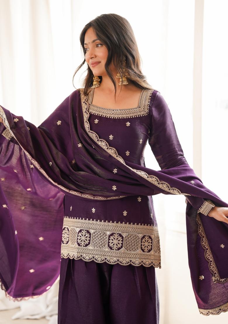 Wine Sequin Work Silk Blend Kurta Set - Indya