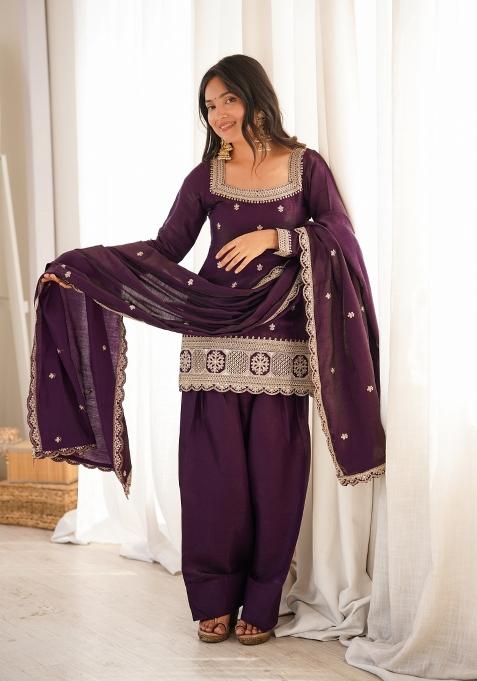 Wine Sequin Work Silk Blend Kurta Set