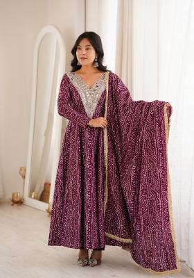 Wine Embroidered Rayon Kurta Set