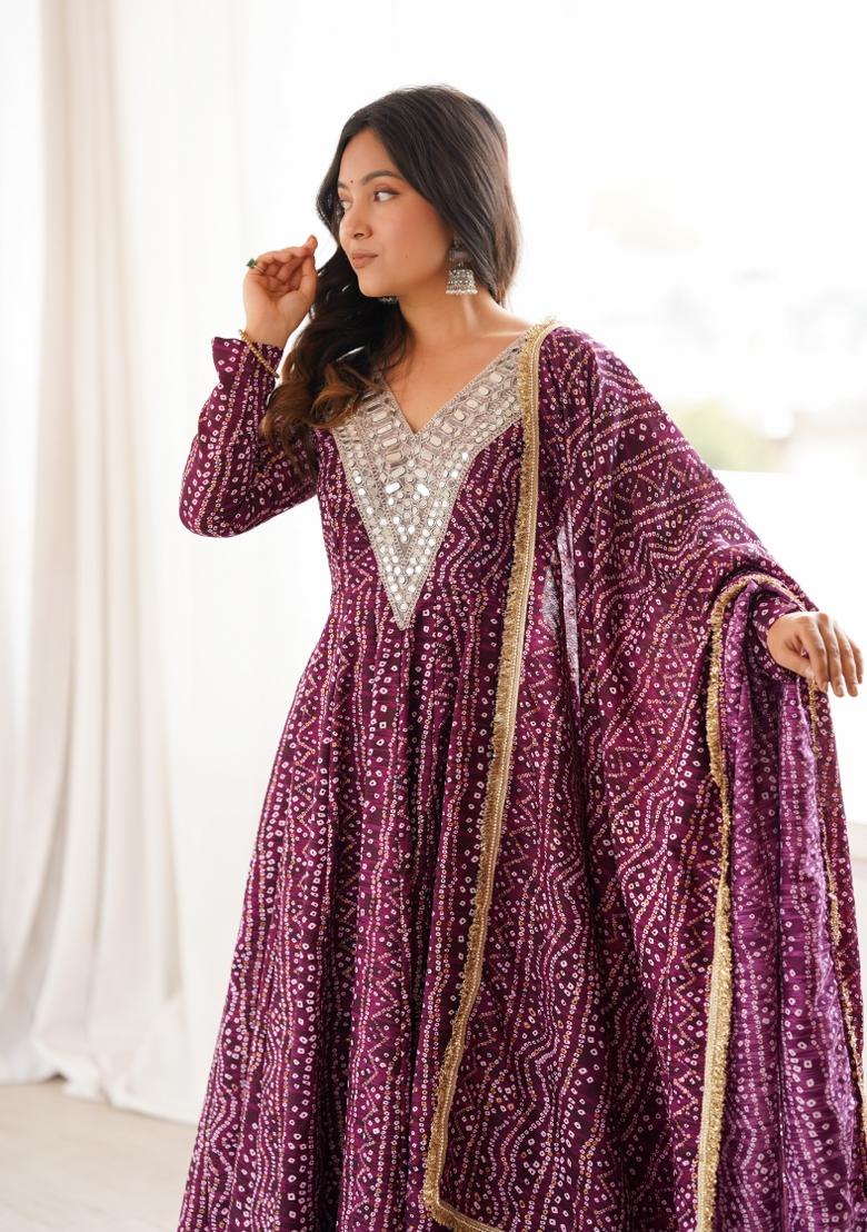 Wine Embroidered Rayon Kurta Set - Indya