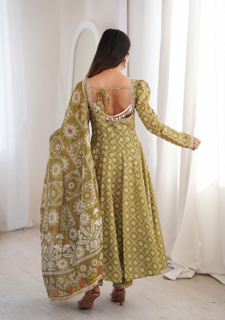 Green Printed Muslin Kurta Set - Indya