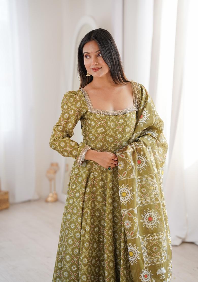 Green Printed Muslin Kurta Set - Indya