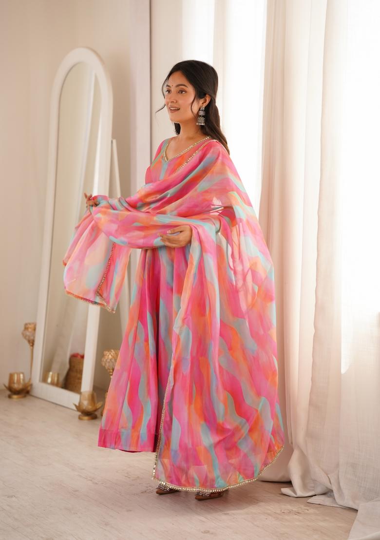 Multicolor Printed Organza Kurta Set - Indya