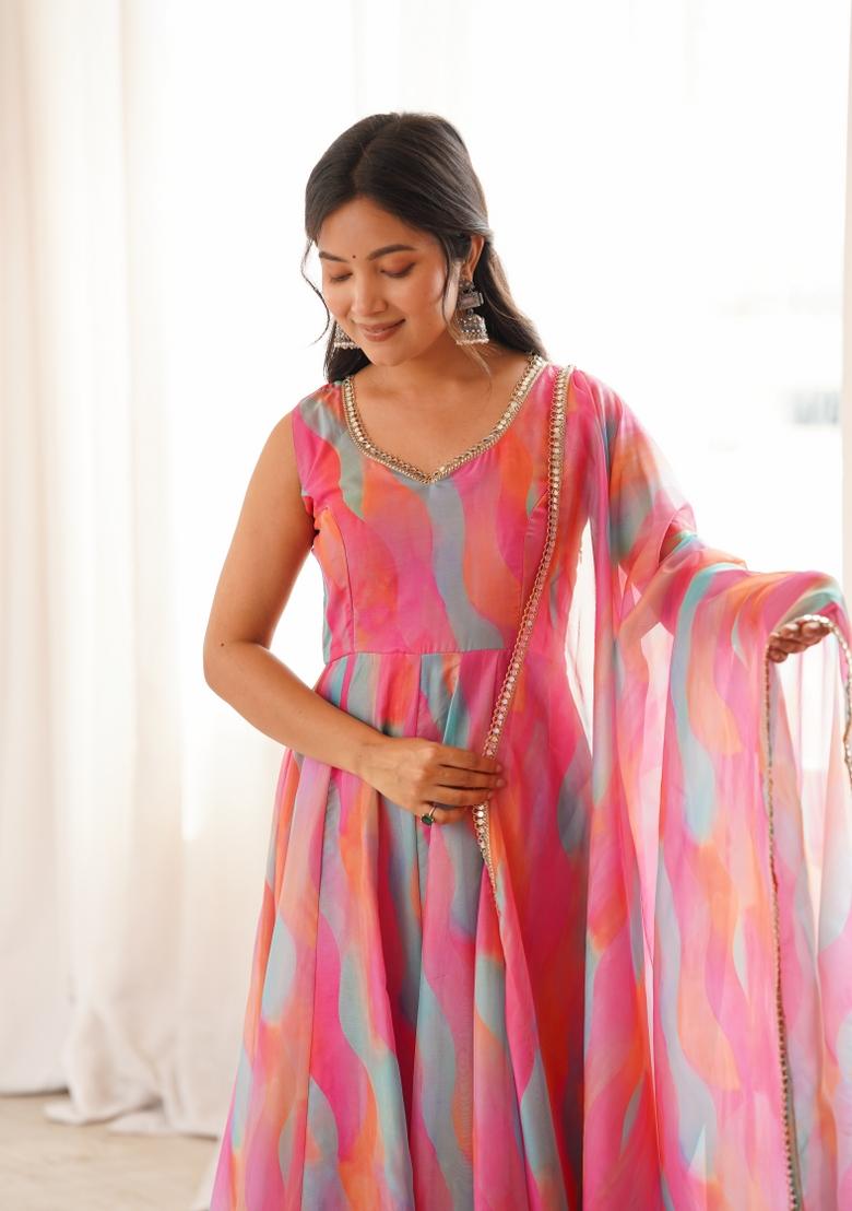 Multicolor Printed Organza Kurta Set - Indya