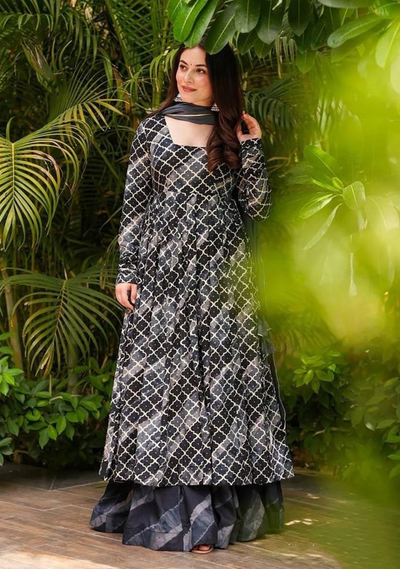 Black Printed Muslin Kurta Set - Indya