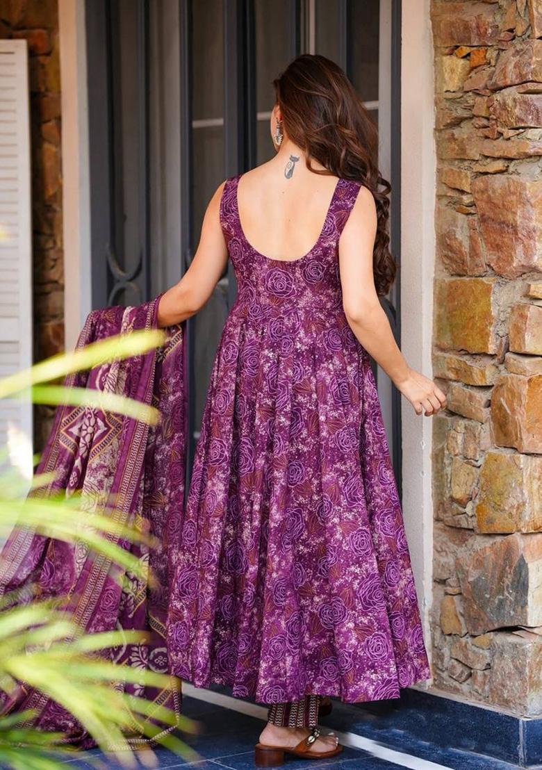Purple Printed Muslin Kurta Set - Indya