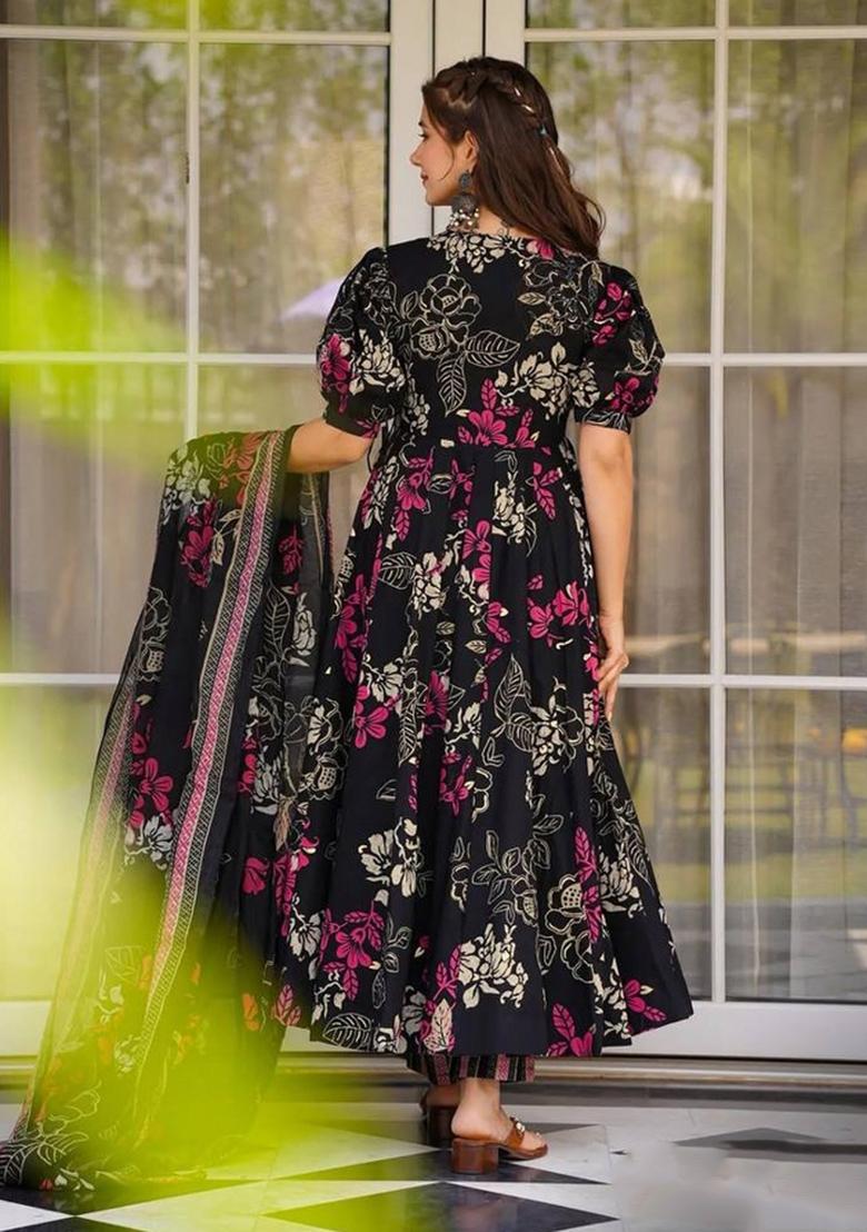 Black Printed Muslin Kurta Set - Indya