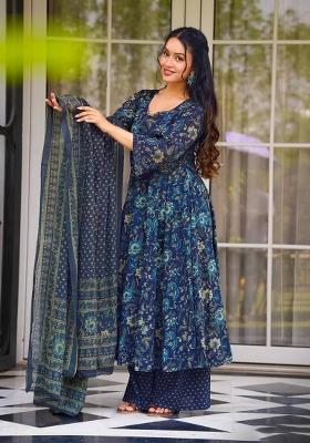Blue Printed Muslin Kurta Set