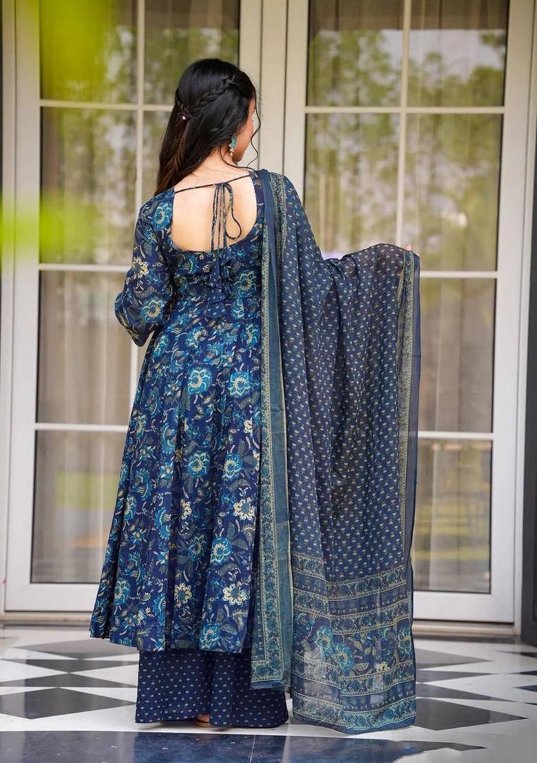 Blue Printed Muslin Kurta Set - Indya