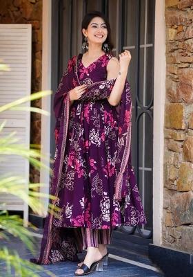 Wine Printed Muslin Kurta Set