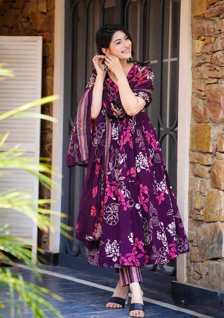Wine Printed Muslin Kurta Set - Indya