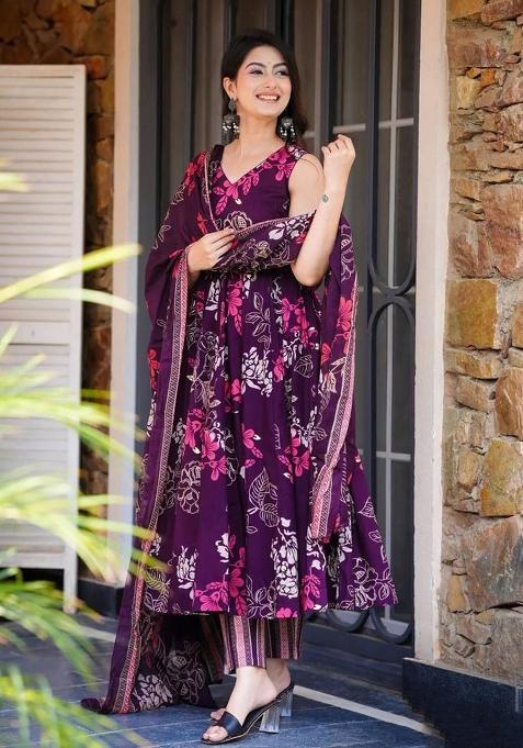 Wine Printed Muslin Kurta Set