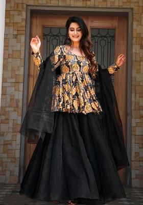Black Printed Silk Blend Kurta Set