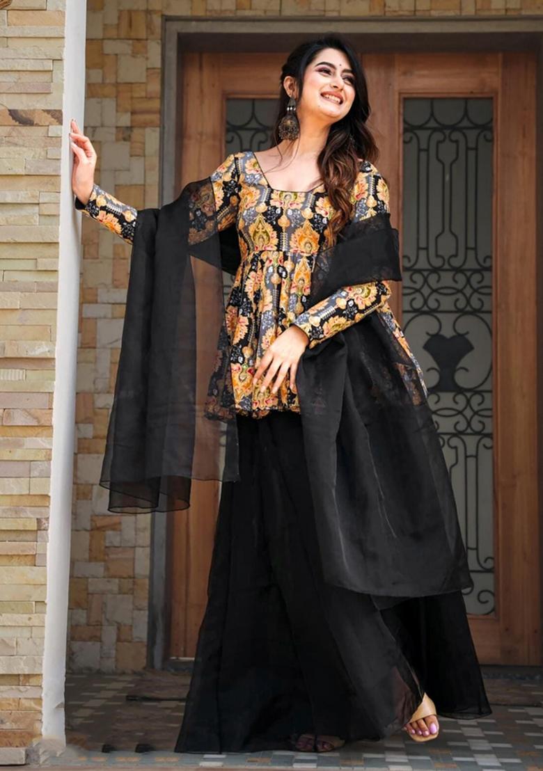 Black Printed Silk Blend Kurta Set - Indya