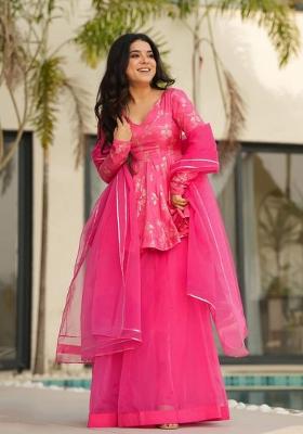 Pink Printed Silk Blend Kurta Set