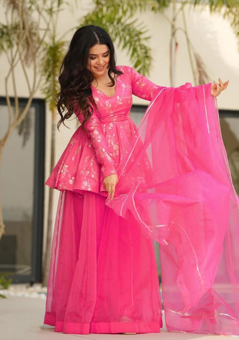 Pink Printed Silk Blend Kurta Set - Indya