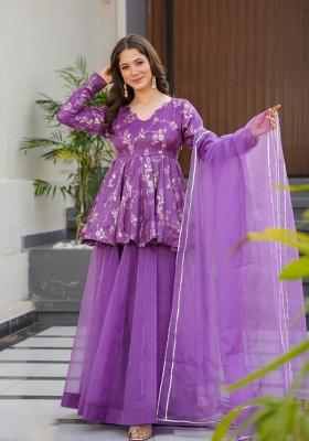 Purple Printed Silk Blend Kurta Set