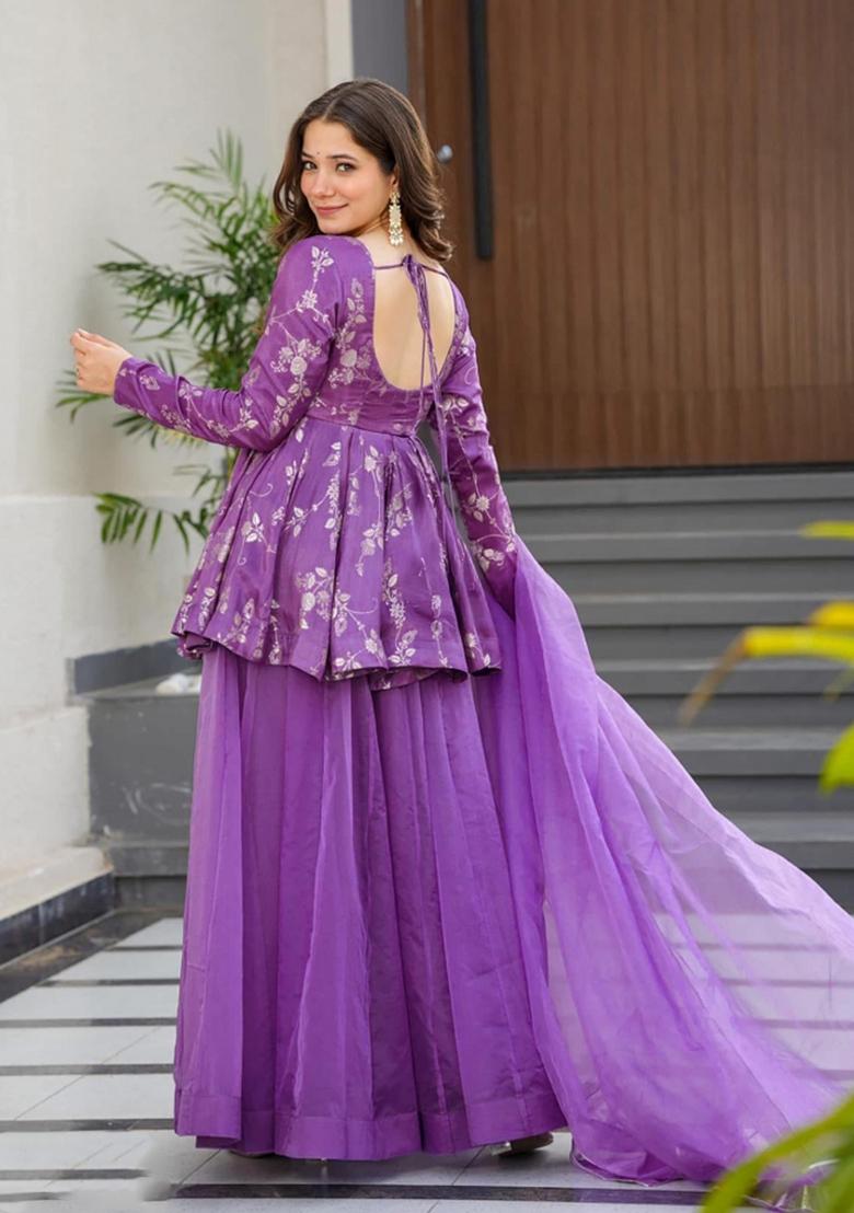 Purple Printed Silk Blend Kurta Set - Indya
