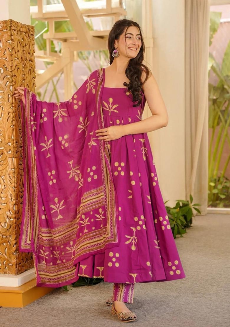 Purple Printed Muslin Kurta Set - Indya