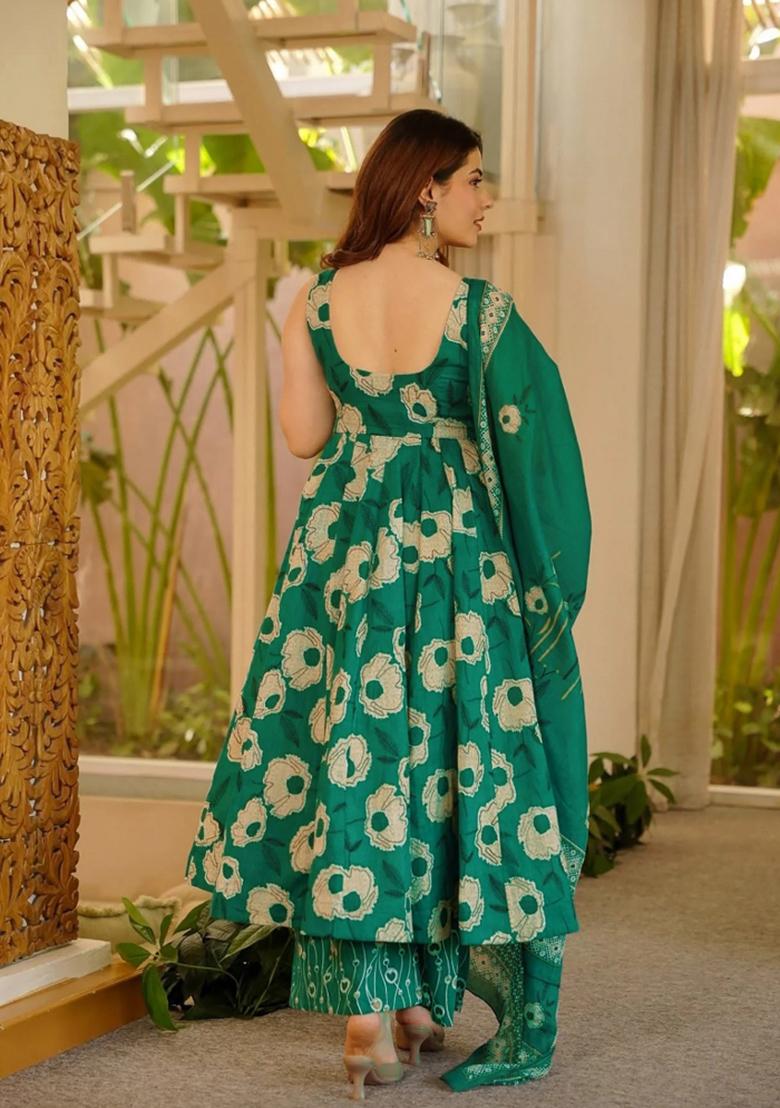 Green Printed Muslin Kurta Set - Indya
