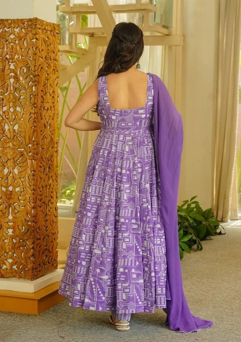 Lavender Printed Muslin Kurta Set - Indya