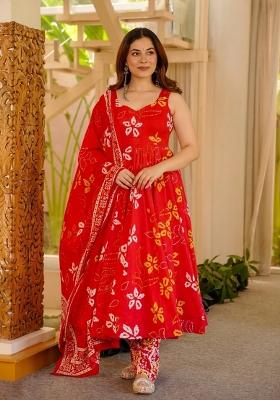 Red Printed Muslin Kurta Set