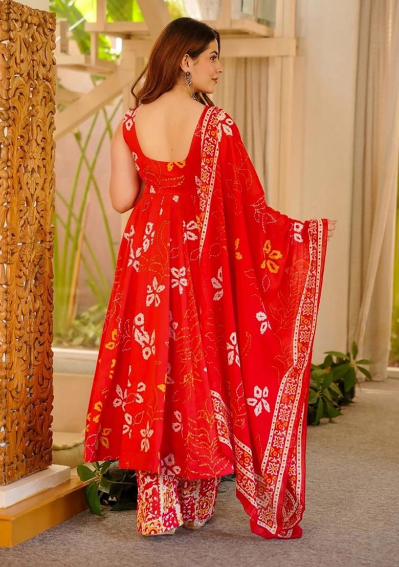 Red Printed Muslin Kurta Set - Indya
