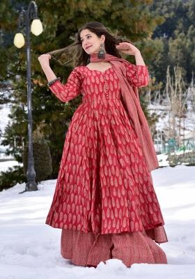 Red Printed Muslin Kurta Set