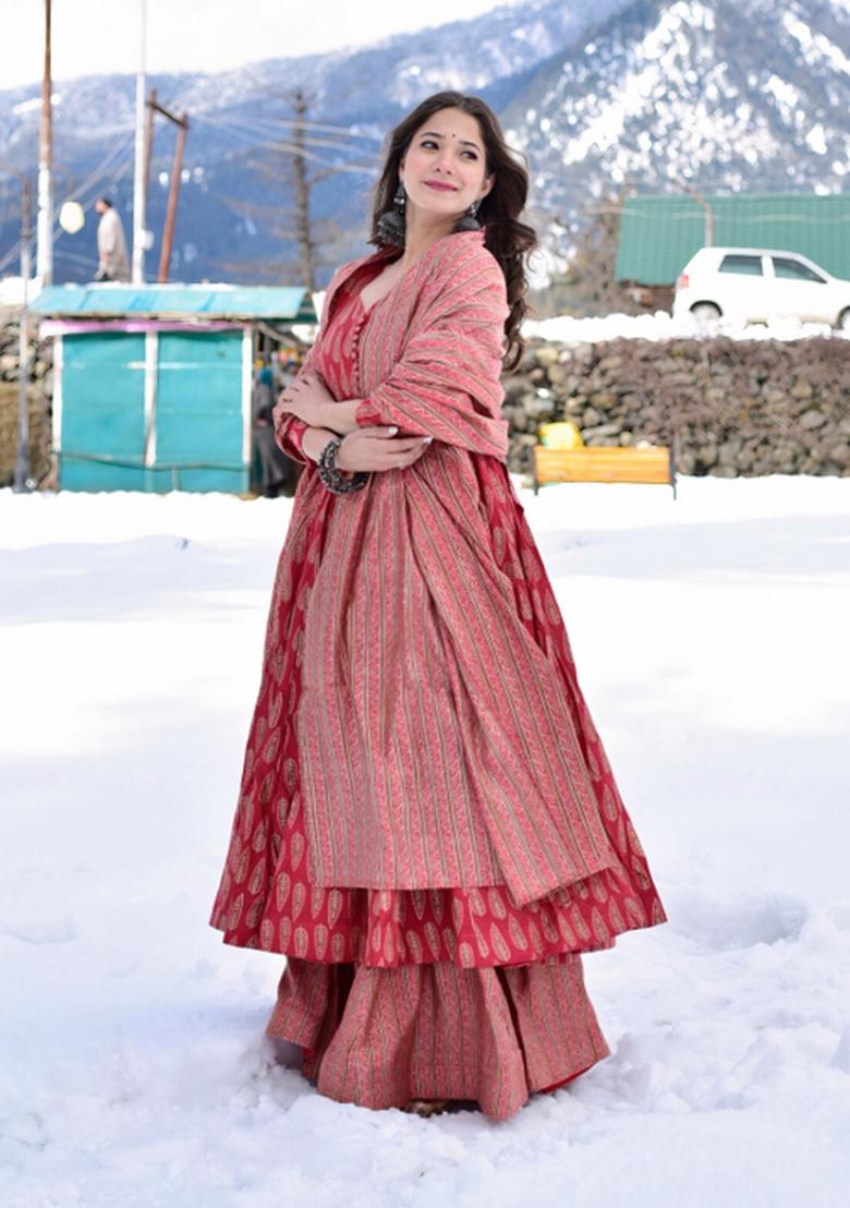 Red Printed Muslin Kurta Set - Indya