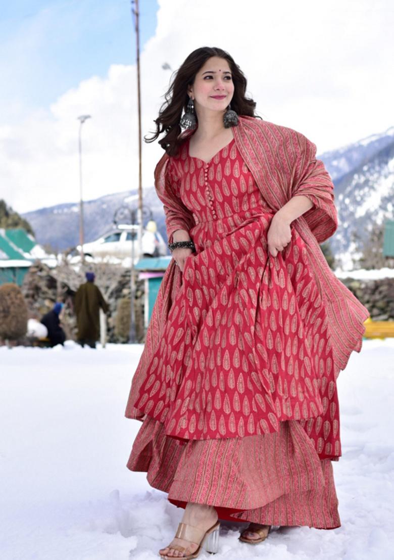Red Printed Muslin Kurta Set - Indya