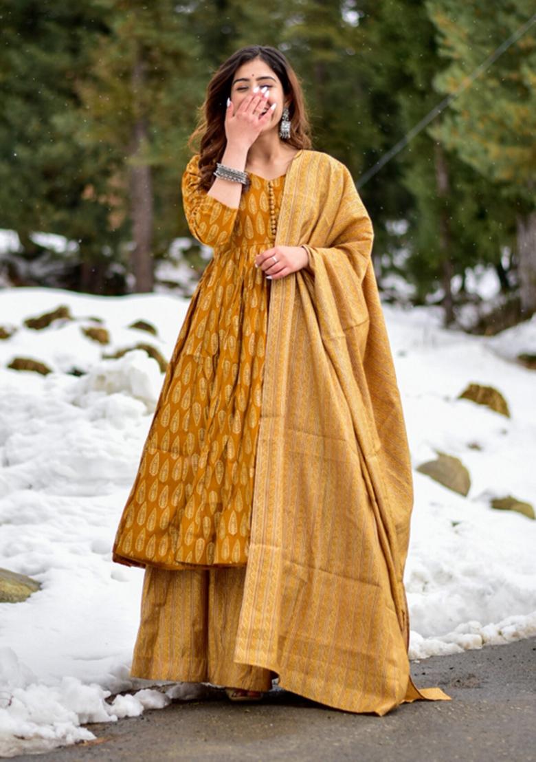 Yellow Printed Muslin Kurta Set - Indya