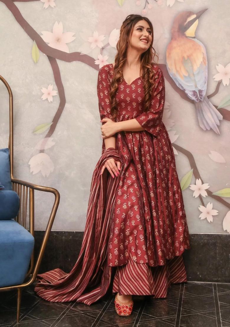 Maroon Printed Muslin Kurta Set - Indya