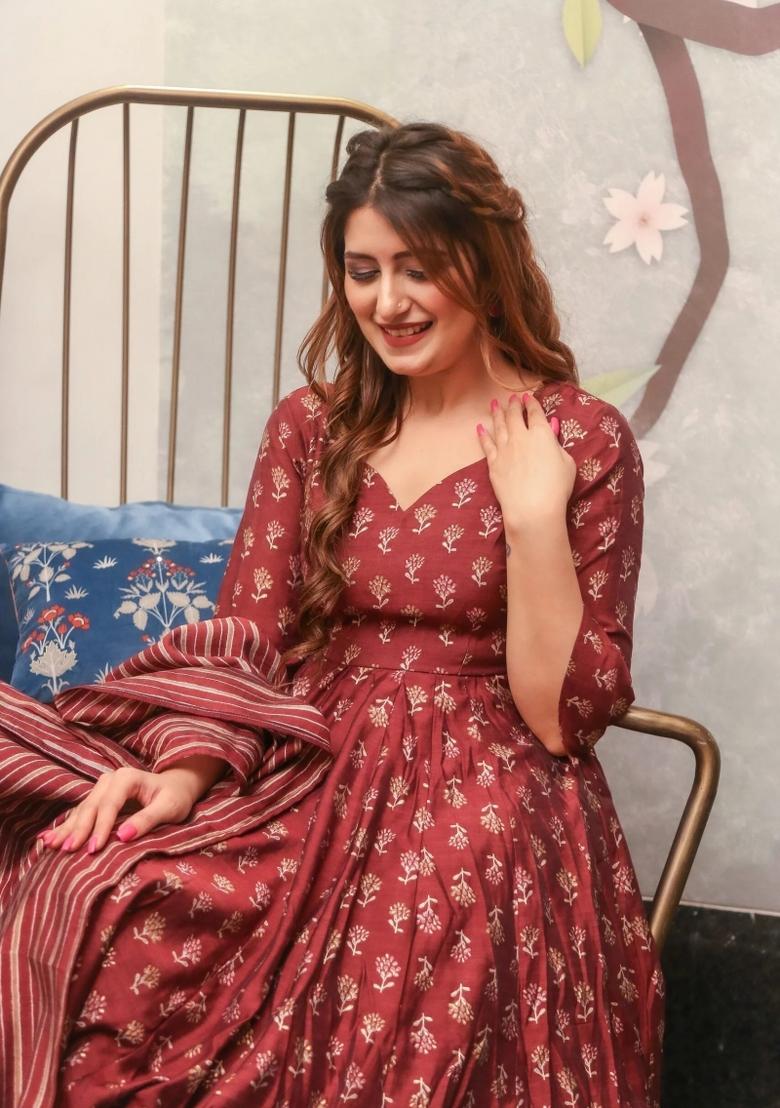 Maroon Printed Muslin Kurta Set - Indya