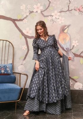 Grey Printed Muslin Kurta Set