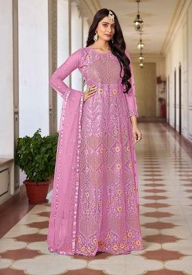 Pink Embroidered Net Kurta Set