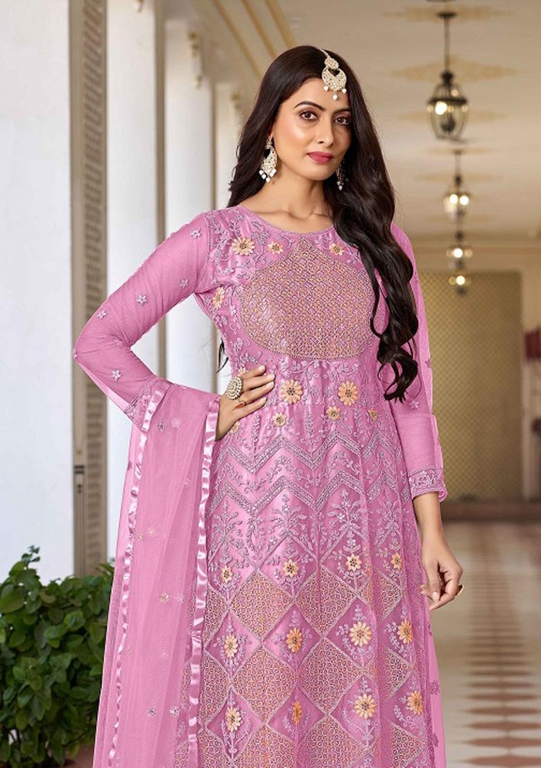 Pink Embroidered Net Kurta Set - Indya