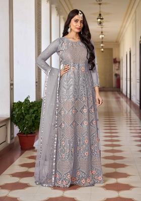 Grey Embroidered Net Kurta Set