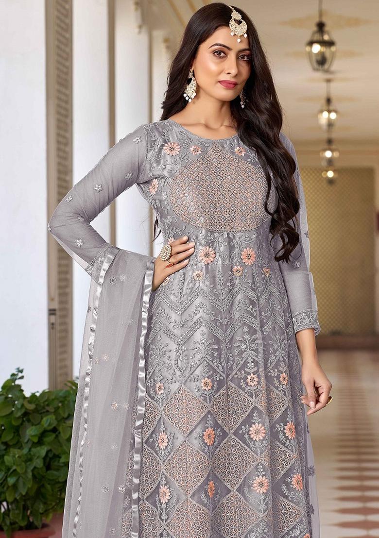 Grey Embroidered Net Kurta Set - Indya
