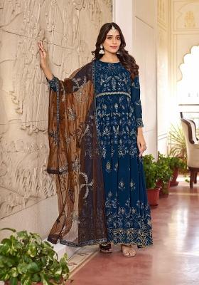 Blue And Brown Embroidered Georgette Kurta Set