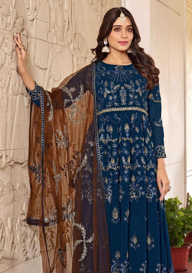 Blue And Brown Embroidered Georgette Kurta Set - Indya